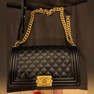 CHANEL Black Quilted Leather Boy Flap Bag with Gold Chain